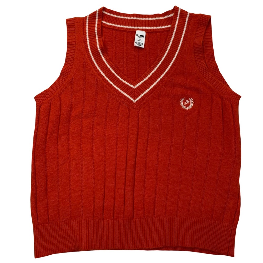 PINK Victoria's Secret Sweater Vest Womens Large Orange Ribbed V-Neck Preppy